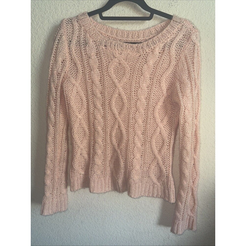 Pink Mohair Wool Cable Knit Fisherman Sweater Open Chunky Luxury Minimalist H&M